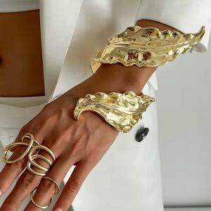 Sculpted Gold Wave Leaf Cuff Bracelet